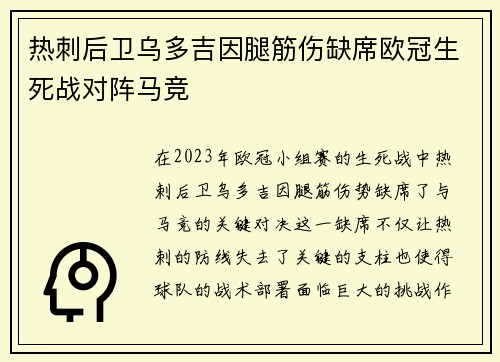 热刺后卫乌多吉因腿筋伤缺席欧冠生死战对阵马竞