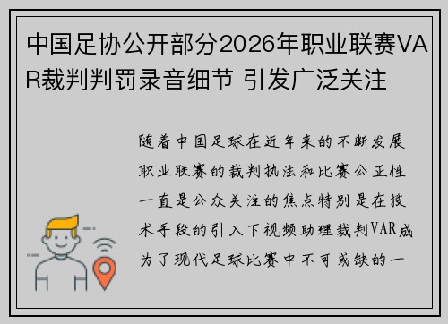 中国足协公开部分2026年职业联赛VAR裁判判罚录音细节 引发广泛关注