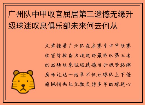 广州队中甲收官屈居第三遗憾无缘升级球迷叹息俱乐部未来何去何从