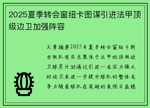 2025夏季转会窗纽卡图谋引进法甲顶级边卫加强阵容